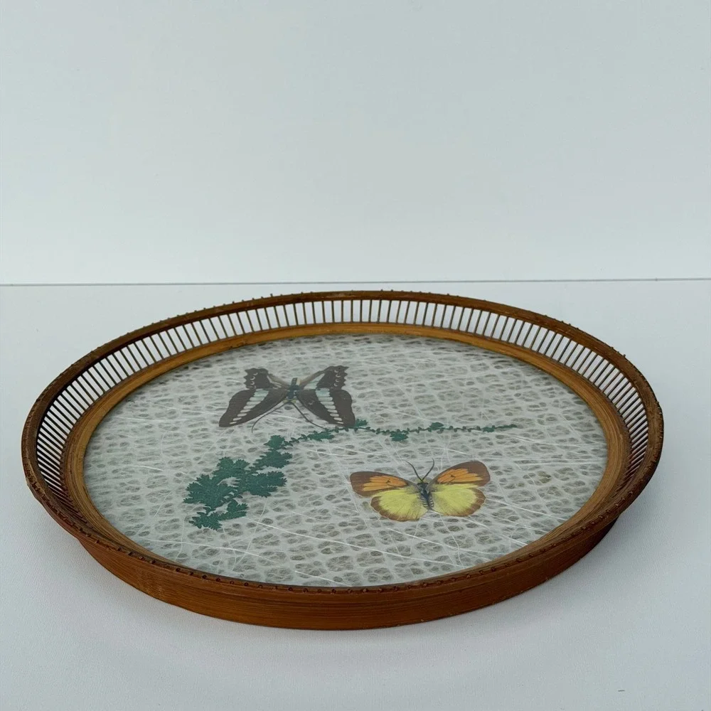 Vintage Tray Jetline‎ Japan Rattan Bamboo Lucite Butterfly Floral Boho Cottage